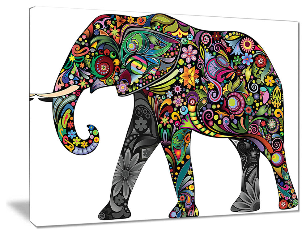 "Floral Cheerful Elephant" Animal Digital Canvas Print, 40"x30"