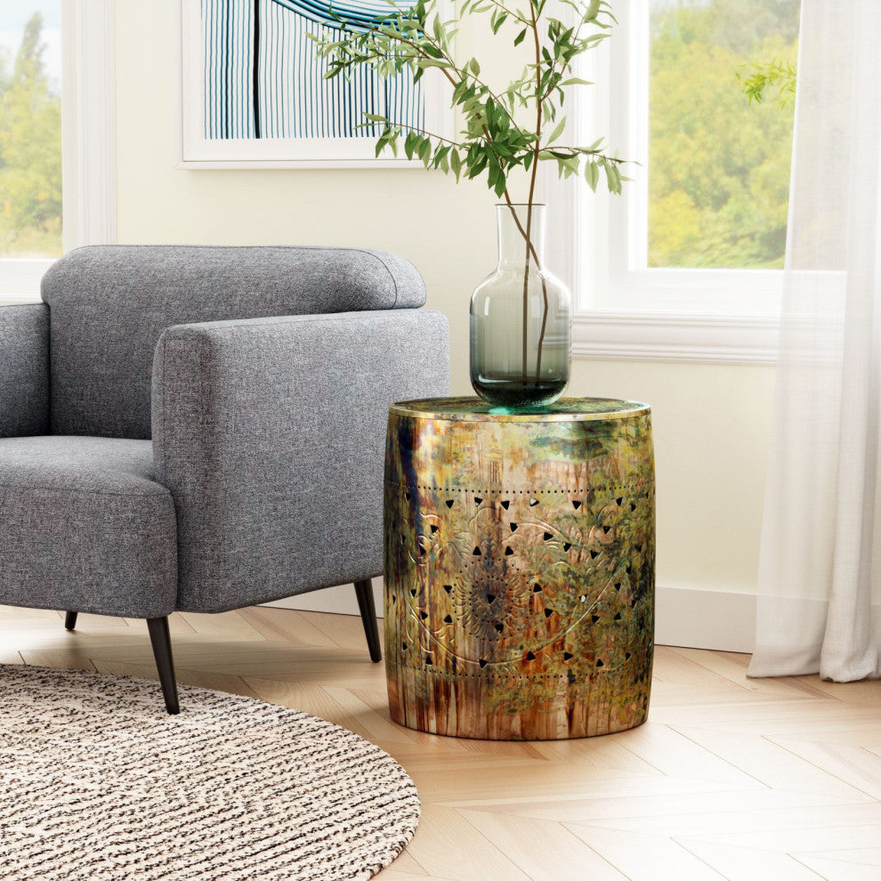 Sofa Side Table, Round, Metal Iron, Multicolor, Rustic Industrial Hospitality