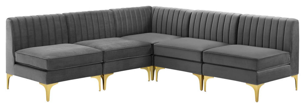 Tufted Sectional Sofa Set, Velvet, Gray, Modern, Living Lounge Hospitality