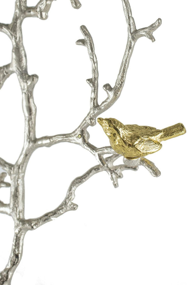 Modern 22" Silver Branch and Golden Birds Wall Art