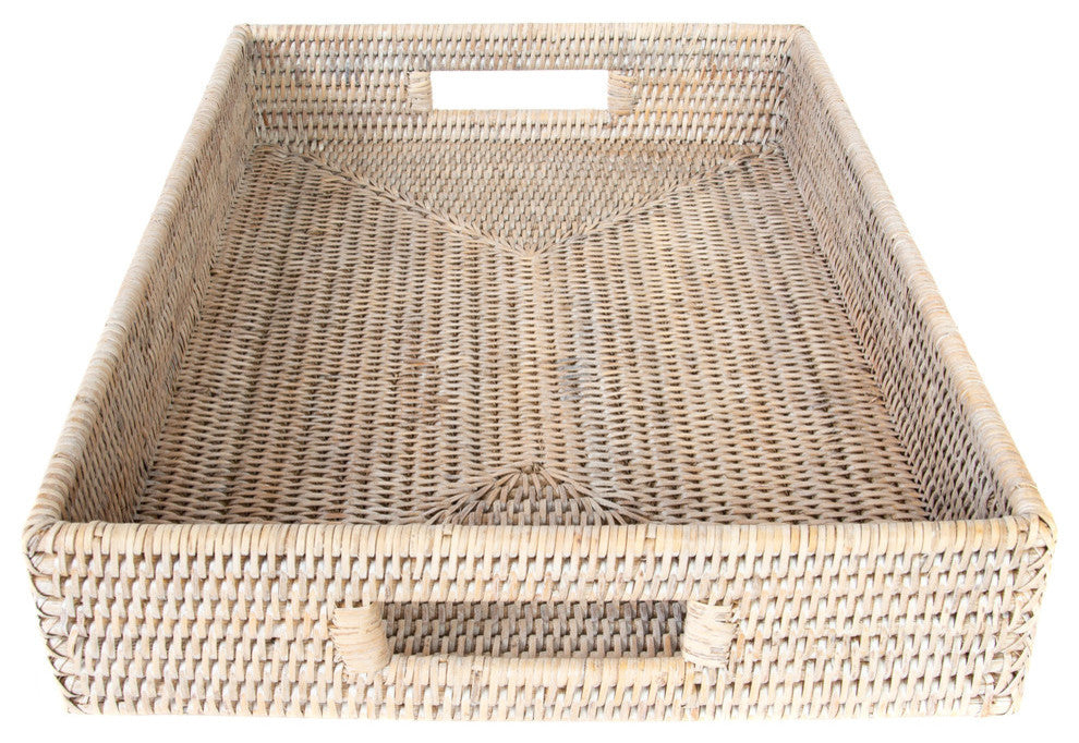 Artifacts Rattan Rectangular Tray With Cutout Handles, White Wash