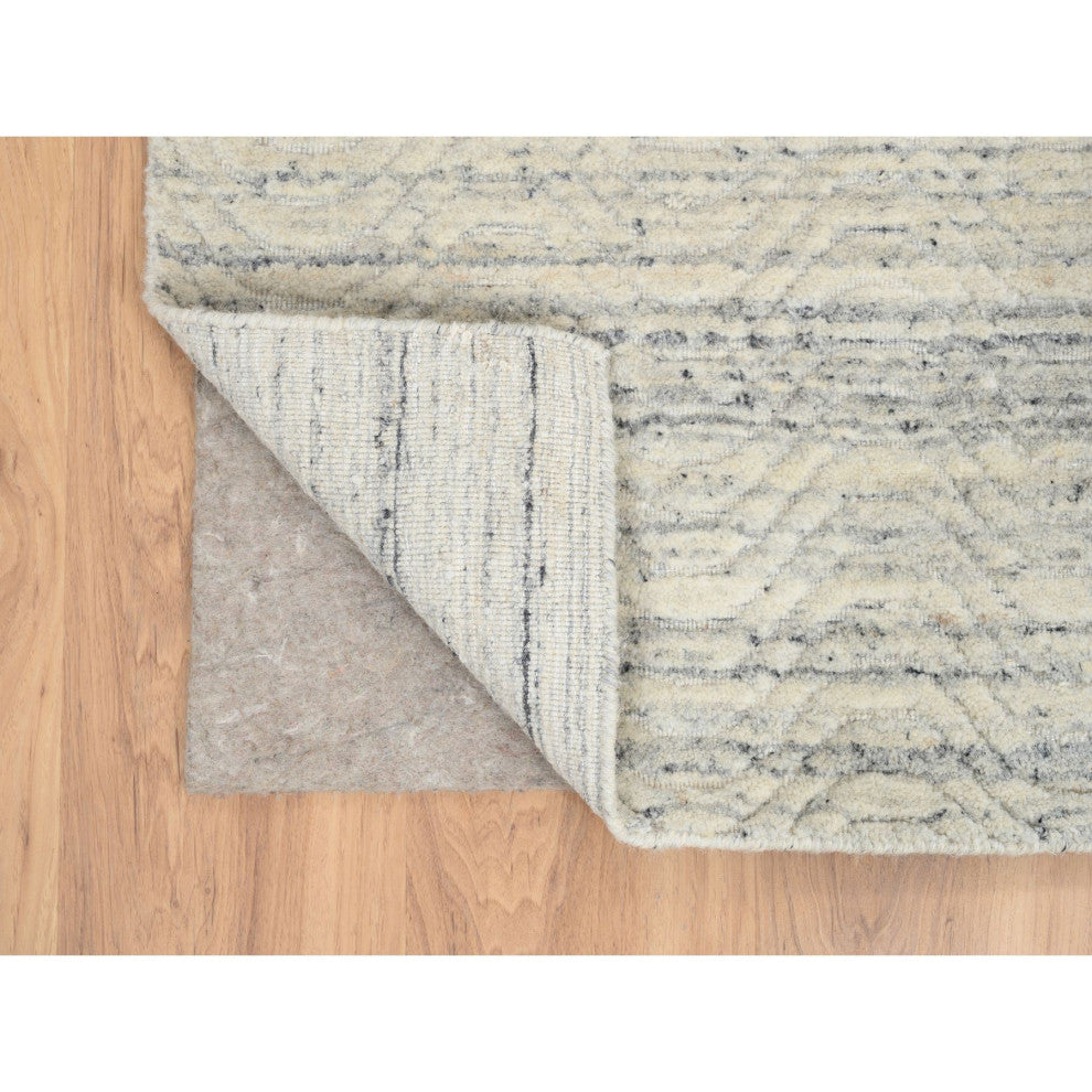 Beige Variegated Textured Modern Design Pure Wool Hand Loomed Rug, 6'1"x9'0"