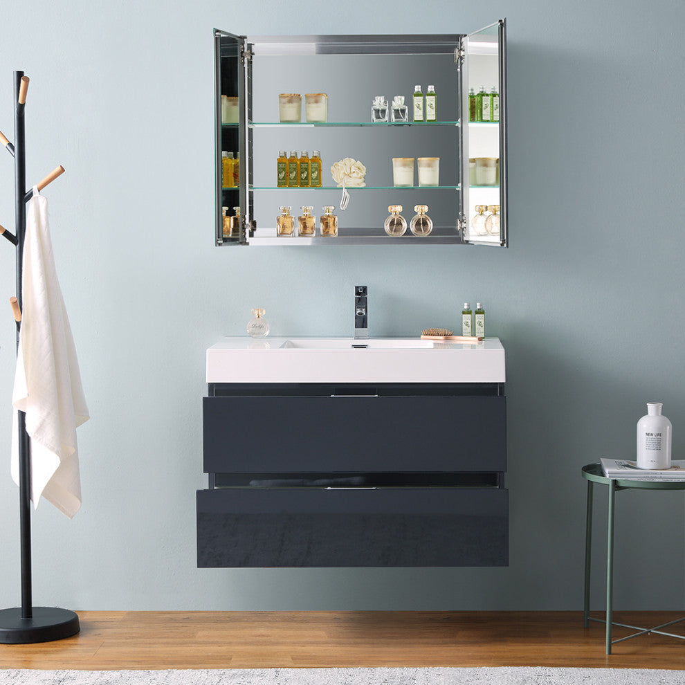 Valencia Wall Hung Bathroom Vanity, Medicine Cabinet, Dark Slate Gray 36"