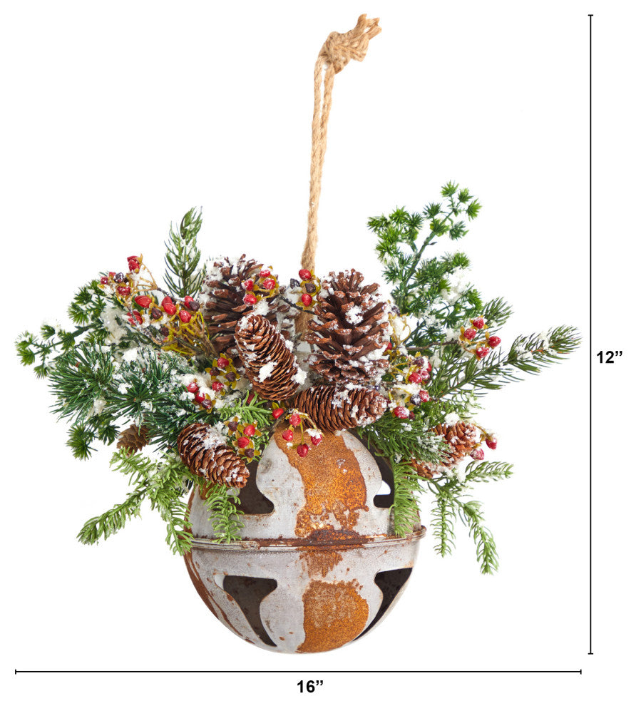 16" Holiday Xmas Jumbo Metal Bell Ornament With Faux Holly, Berries and Pine