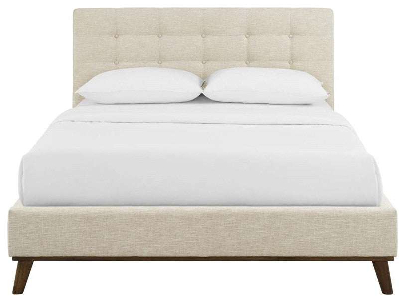 Beige McKenzie Queen Biscuit Tufted Upholstered Fabric Platform Bed
