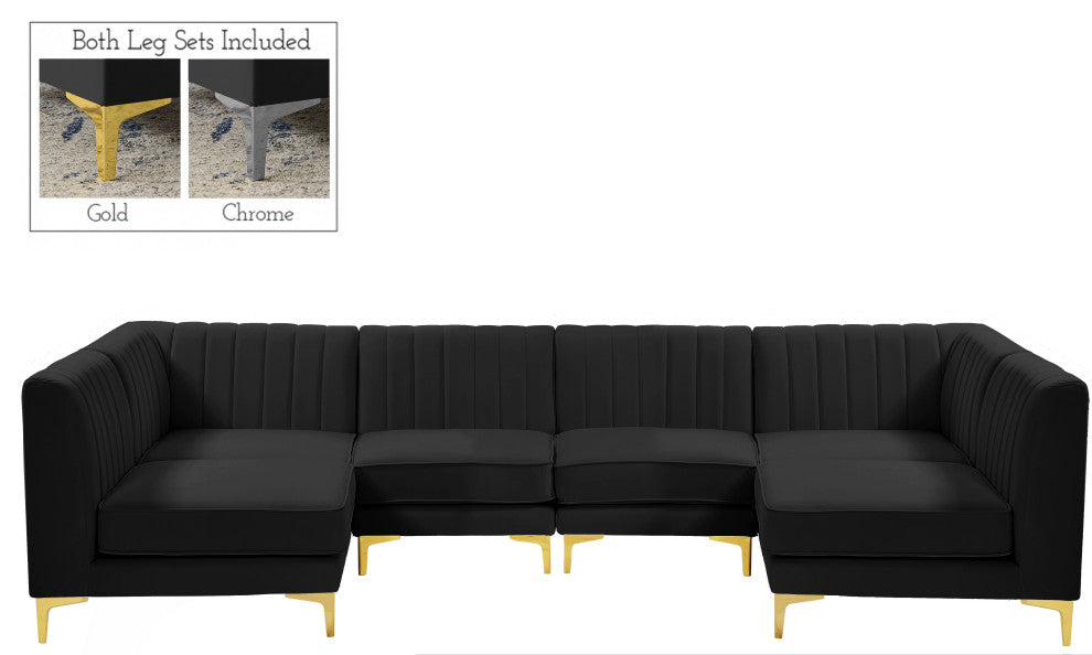 Alina Velvet Modular U-Shaped Sectional, Black, 6-Piece: 4 Armless Chair, 2 Corner Chair