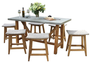 7-Piece Teak And Wicker Counter Height Dining Set, Grey Top/Saddle Stools