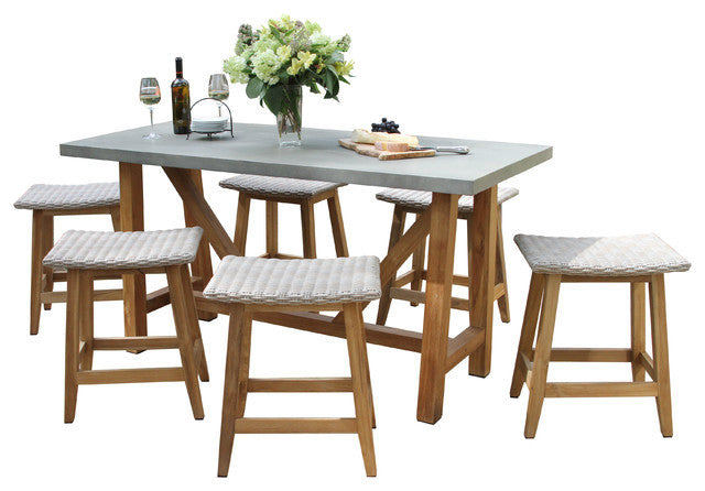 7-Piece Teak And Wicker Counter Height Dining Set, Grey Top/Saddle Stools