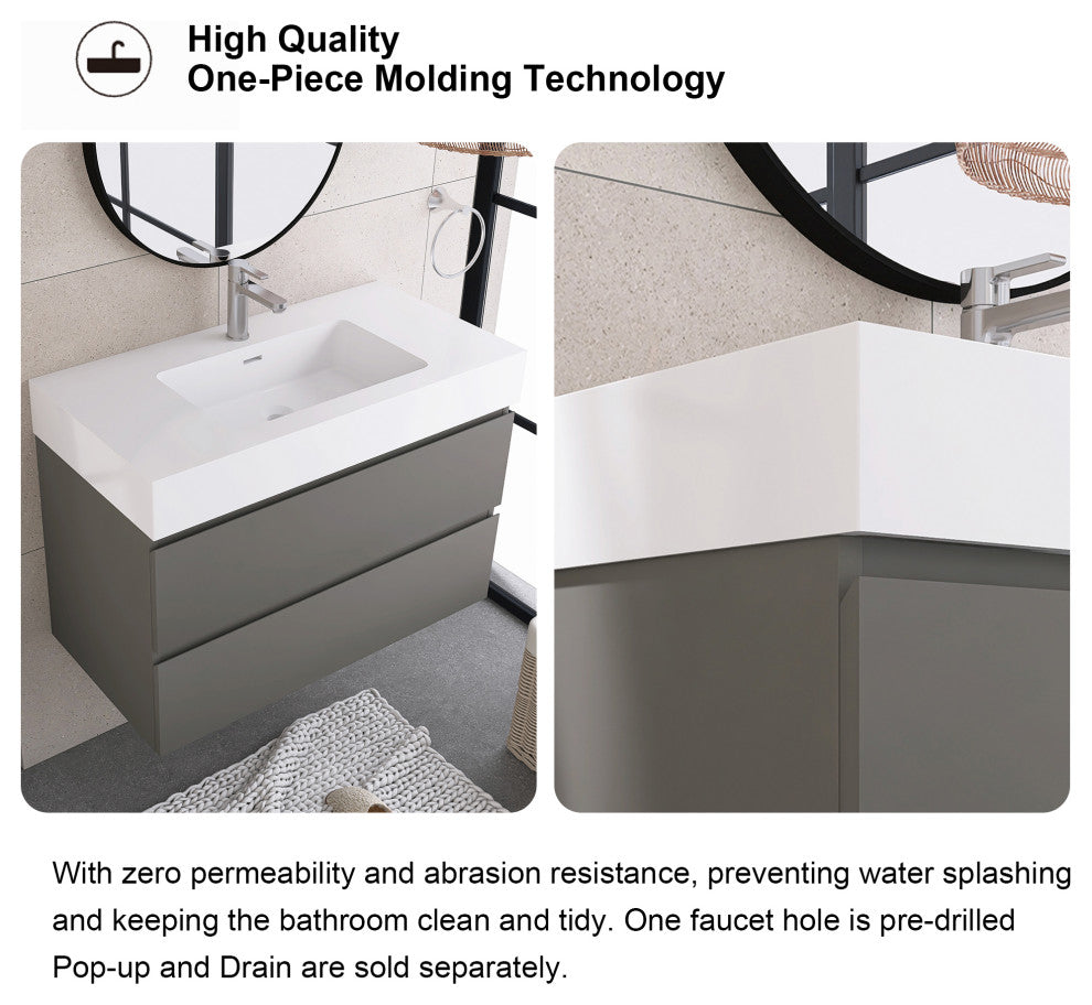 Wood Wall-Mounted Bathroom Vanity Set with Integrated Resin Sink, Grey, 36"