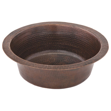 14" Round Hammered Copper Bar Sink, 2" Drain Opening, Drain & Accessories