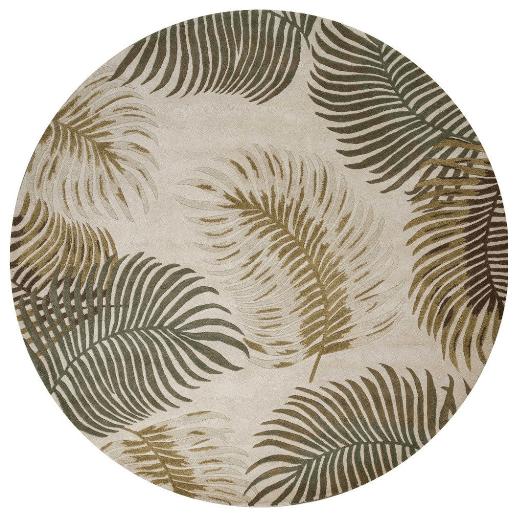 8' Natural Beige Hand Tufted Tropical Leaves Round Indoor Area Rug