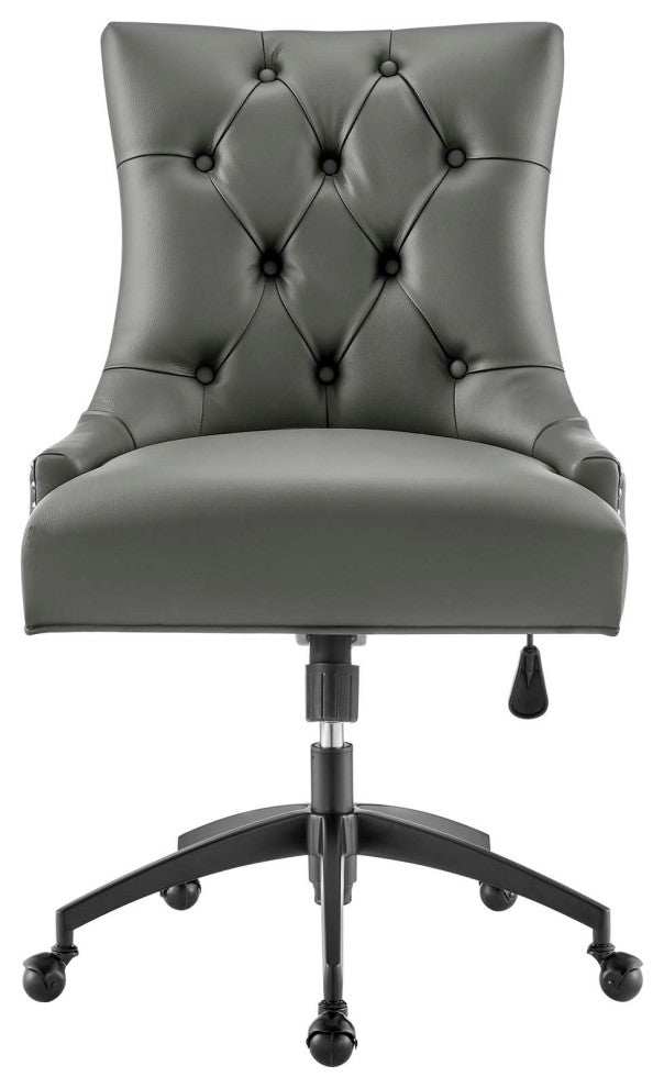 Computer Work Desk Tufted Chair, Faux Vegan Leather, Black Gray, Home Office