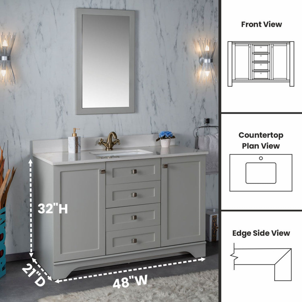 Livia Collection 48" Bath Vanity Quartz Top and Ceramic Sink, Grey, 48"