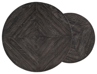 Close-up of dark wood round tops on white background (feature view)