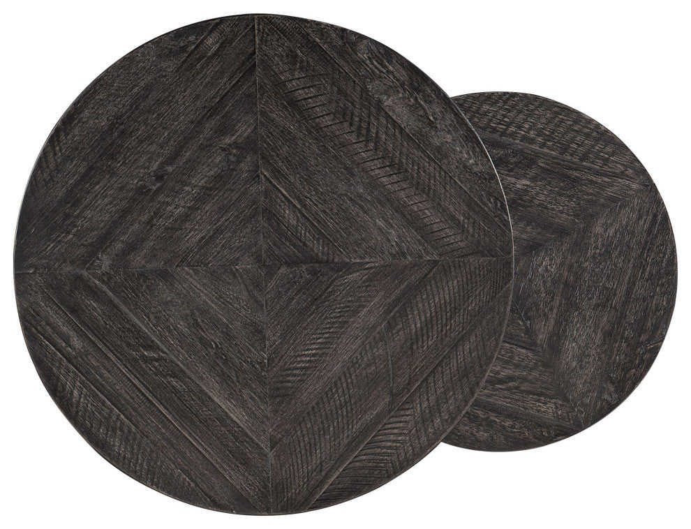 Close-up of dark wood round tops on white background (feature view)