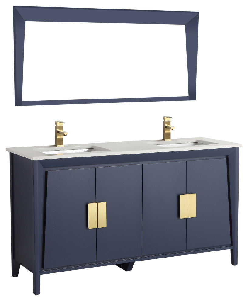 60" Larvotto Navy Blue Modern Double Sink Bathroom Vanity, No Matching Mirror