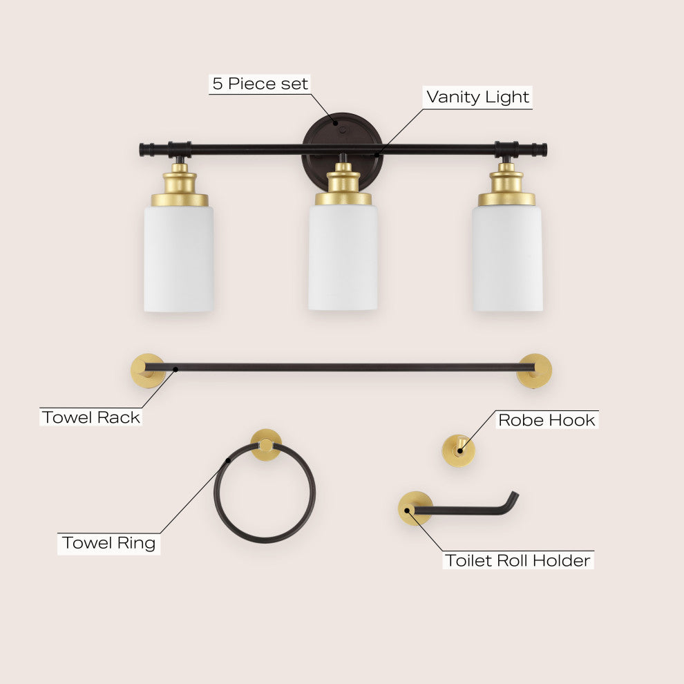 3-Light Classic Vanity, Frosted Glass Shades, Bathroom Hardware Set, 5-Piece