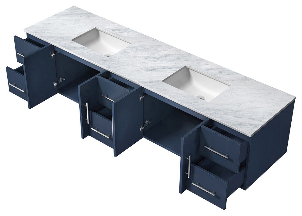 Geneva 84 Navy Blue DB Vanity, White Carrara Marble Top, Square Sinks, no Mirror