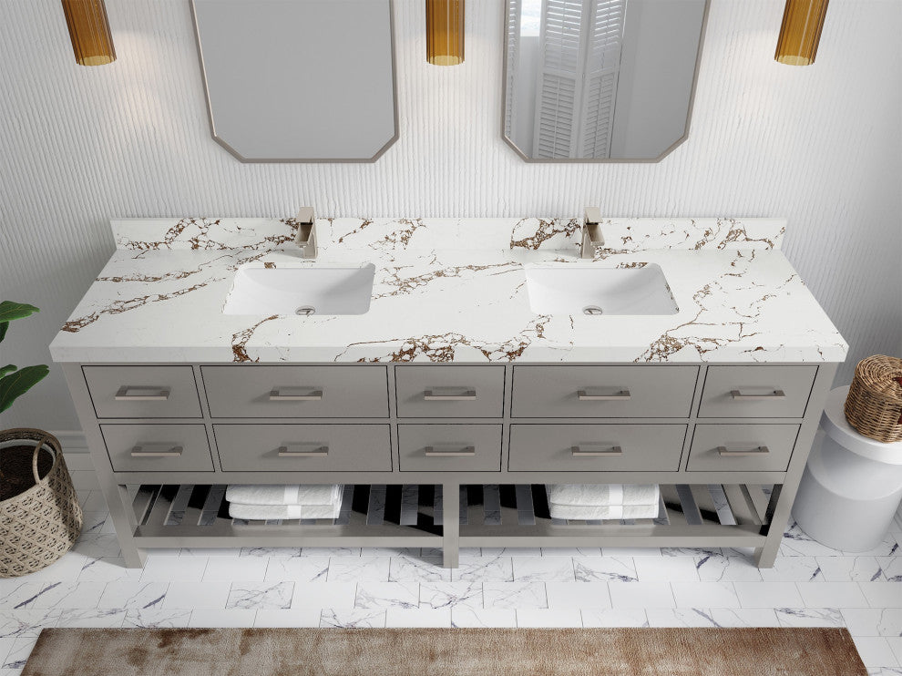 Parker 84" Double Sink Bath Vanity, Elephant Skin Gray 2" Viola Brown