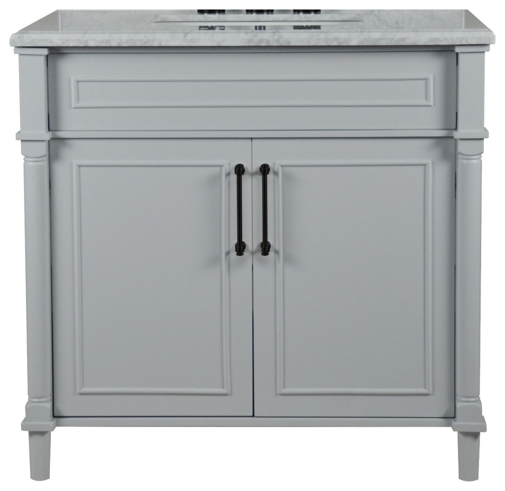 36" Single Vanity, Light Gray With White Carrara Marble Top