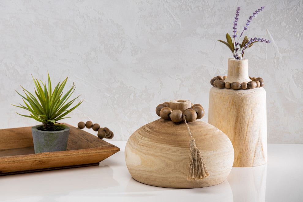 9.45inNatural Wood Vase, Beaded Neck Accent
