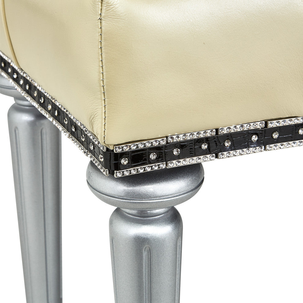 Hollywood Swank Tufted Leather Vanity Bench, Creamy Pearl