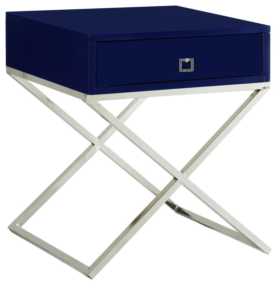 Katie Square Lacquer-Finish X-Metal Leg Nightstand, Navy Chrome