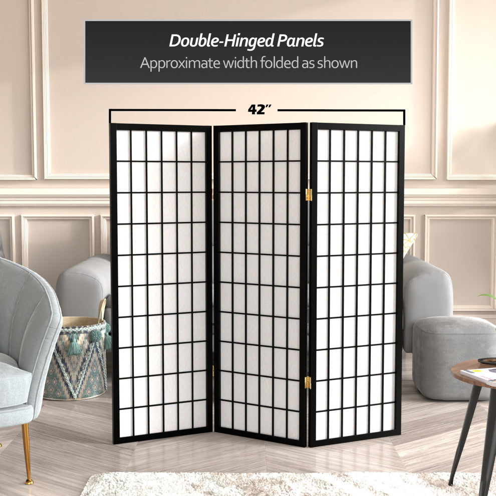 4' Tall Window Pane Shoji Screen, Black, 3 Panels