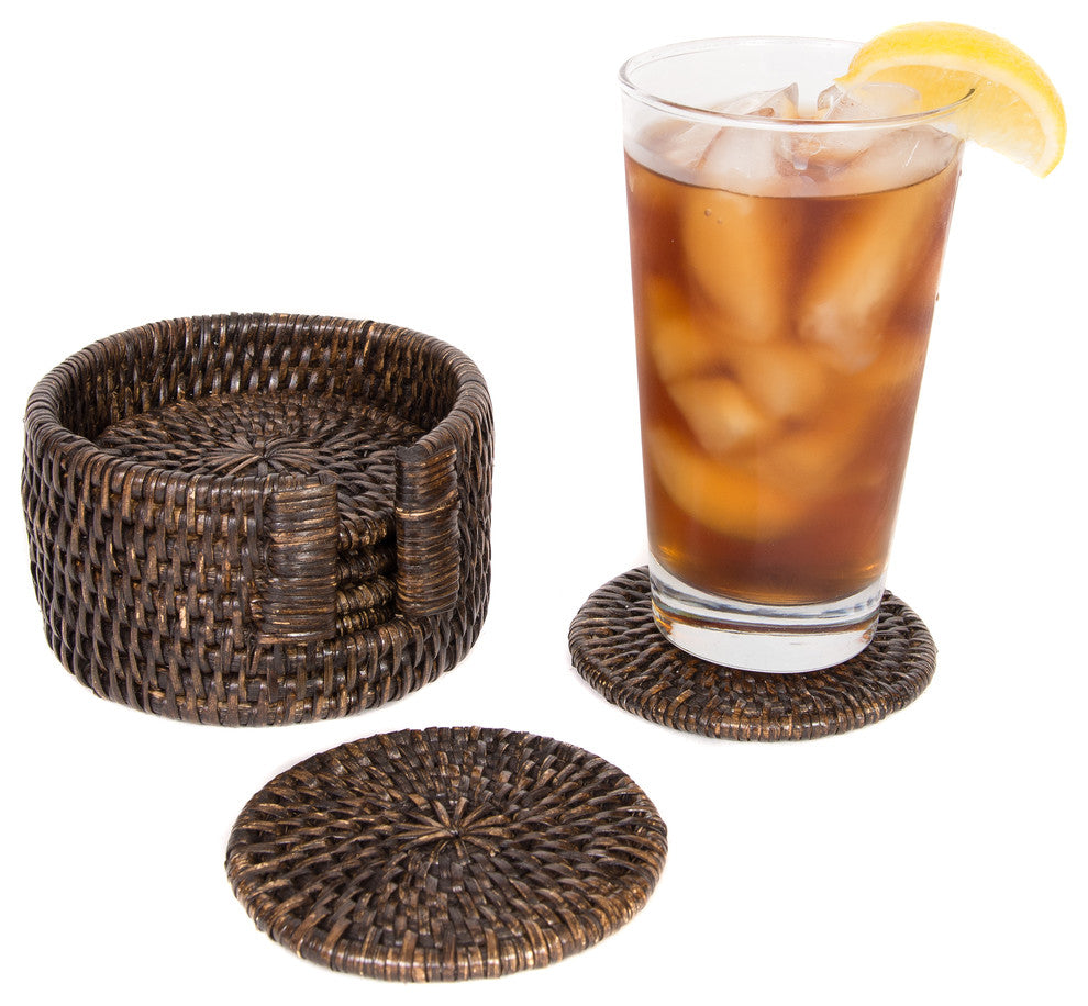 Artifacts Rattan Round Coasters With Box 7 Piece Set, Tudor Black