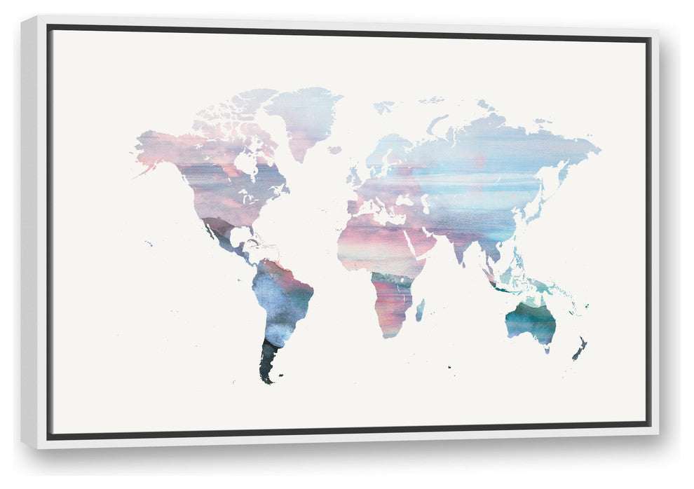 Pastel World Map 24x36 White Floating Framed Canvas