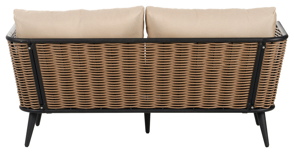 GDF Studio Outdoor Wicker Loveseat With Water-Resistant Cushions, Brown/Beige