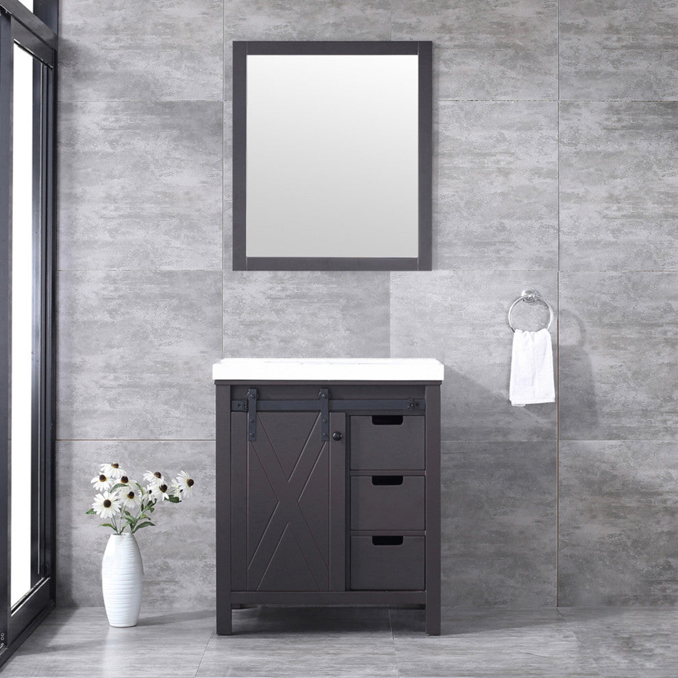 Marsyas 30" Brown Single Vanity Cabinet Quartz Top Square Sink, 28" Wall Mirror