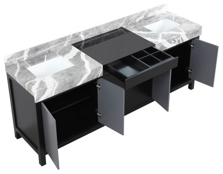 Zilara 84" Black and Grey Double Vanity, Castle Grey Marble Tops