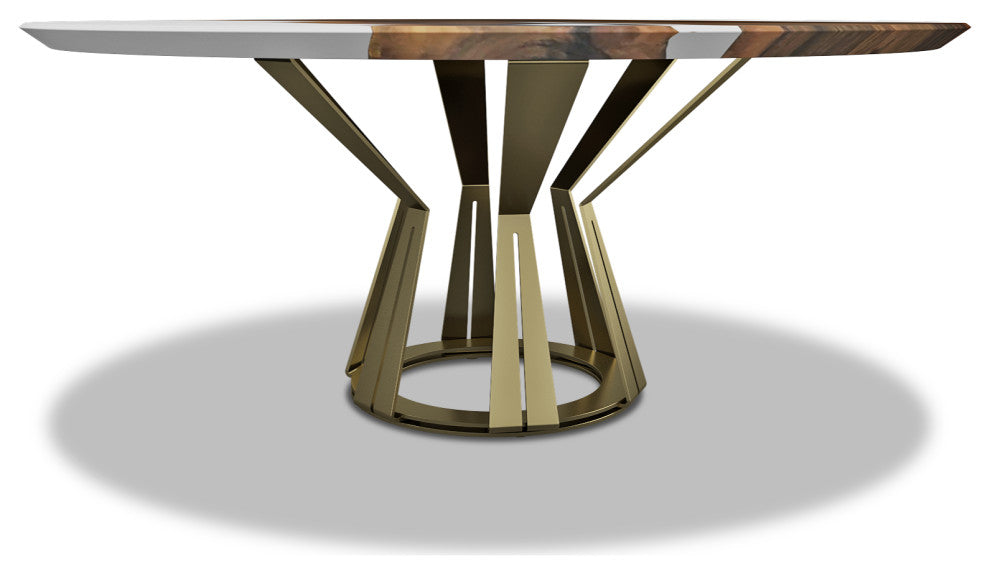 Atalante Walnut Round Table, White Top & Bronze Base, 12 Seater