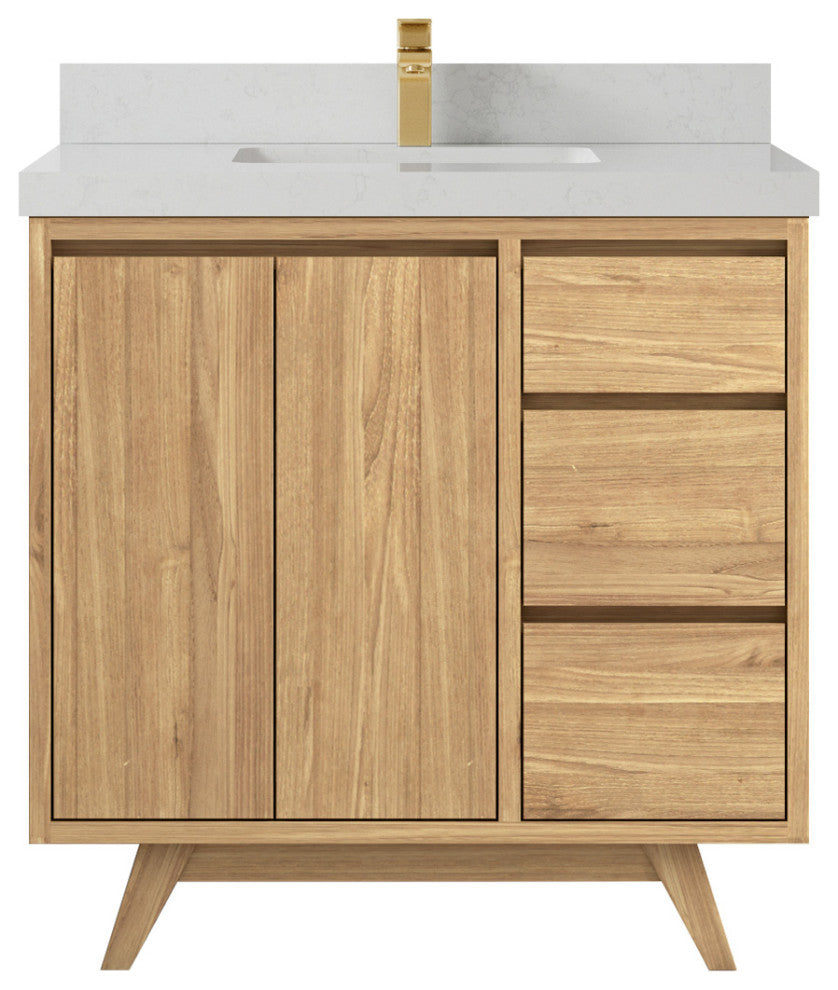 Madison Teak 36 Center Sink Bath Vanity in Light Natural 2" Carrara Quartz