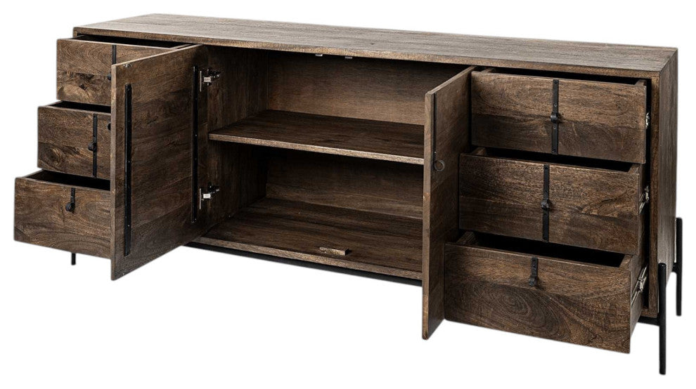 72" Brown Solid Wood Six Drawer Sideboard With 2-Doors