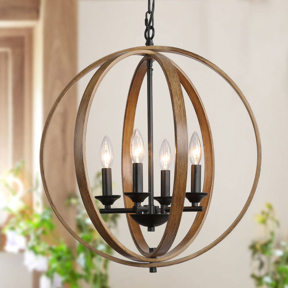 LNC Farmhouse Amtique Globe Brown Wood Chandelier for Kitchen Island, 4 Lights