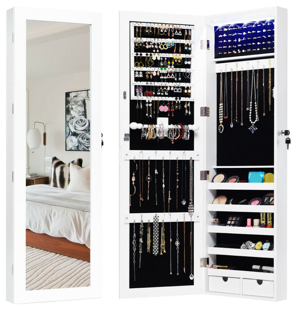 Costway Wall Mounted Mirrored Jewelry Cabinet Organizer Lockable w/ LED Lights