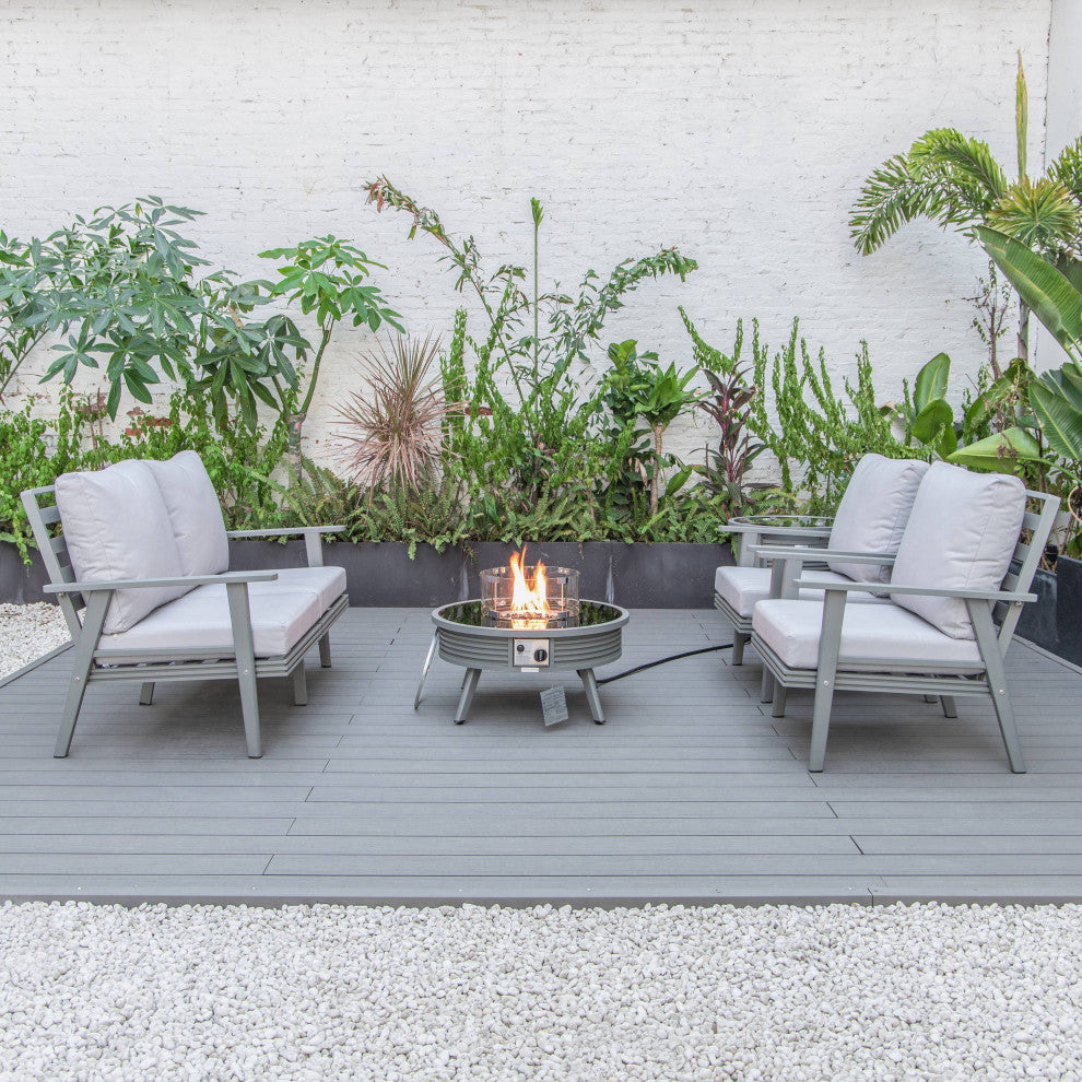 LeisureMod Walbrooke Patio Sofa Set With Round Fire Pit Table, Light Grey
