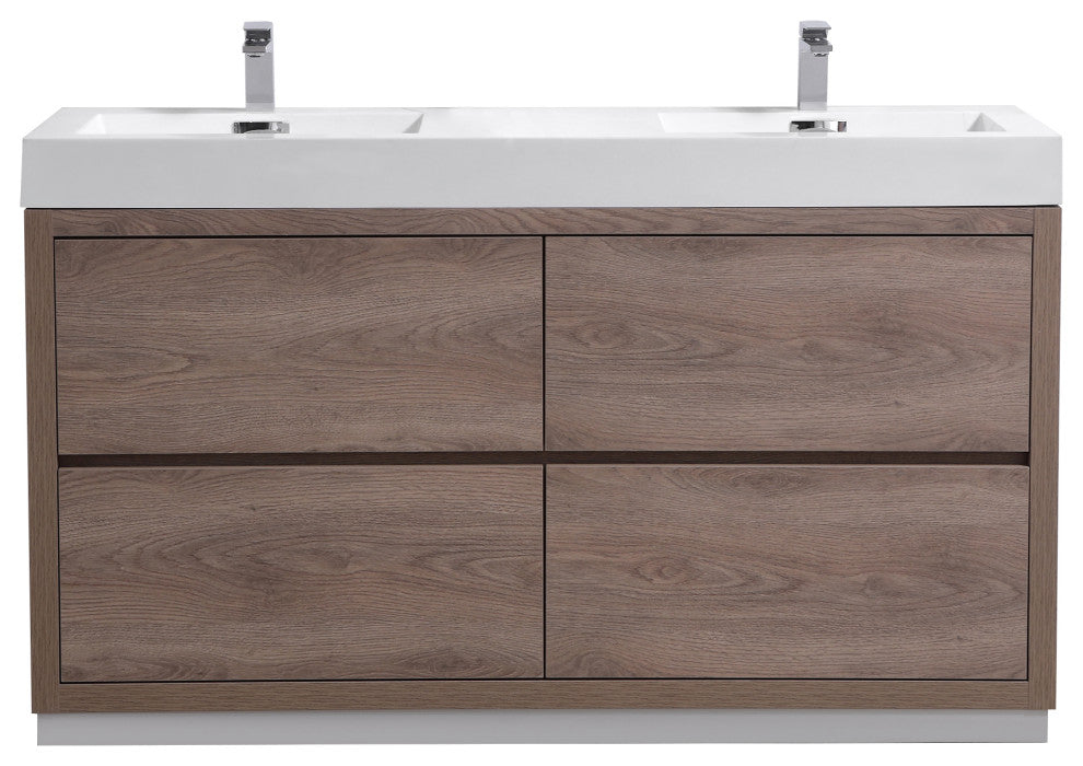 Bliss 60" Double Sink Free Standing Bathroom Vanity, Butternut