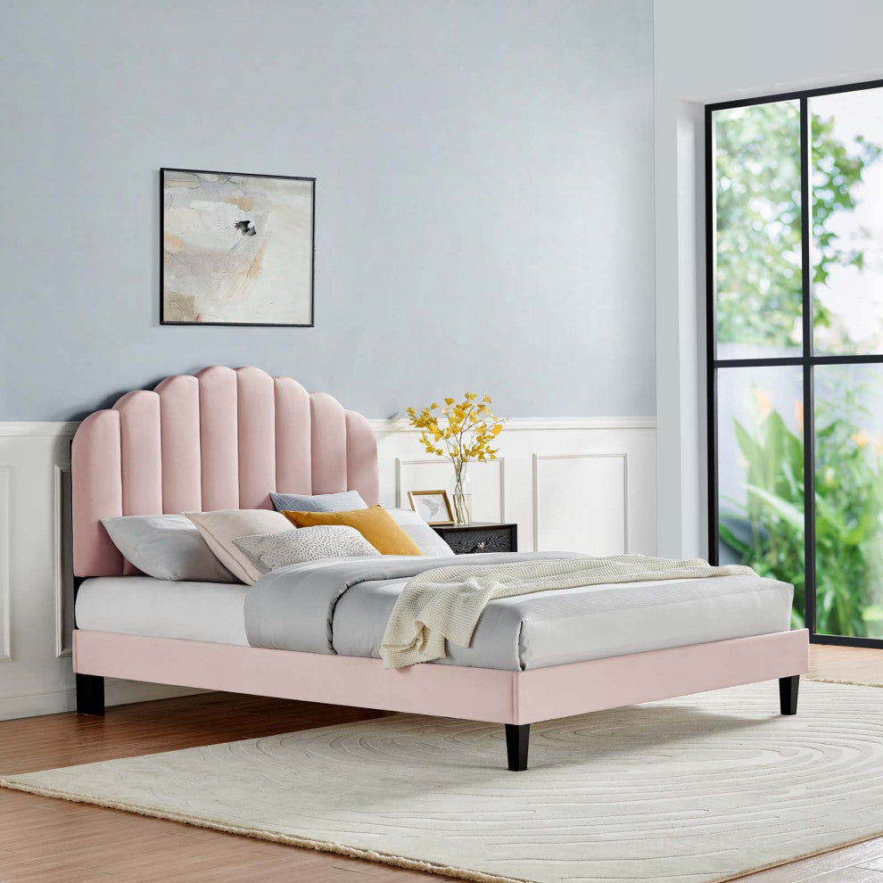 Platform Bed Frame, King Size, Pink, Velvet, Modern, Bedroom Master Guest Suite