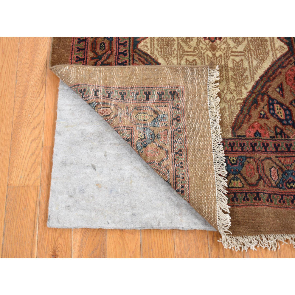 Taupe Brown, Antique Persian Pure Wool, Hand Knotted Runner Rug, 3'2"x14'10"