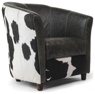 Leather Barrel Chair on Cowhide Accents, Black/White