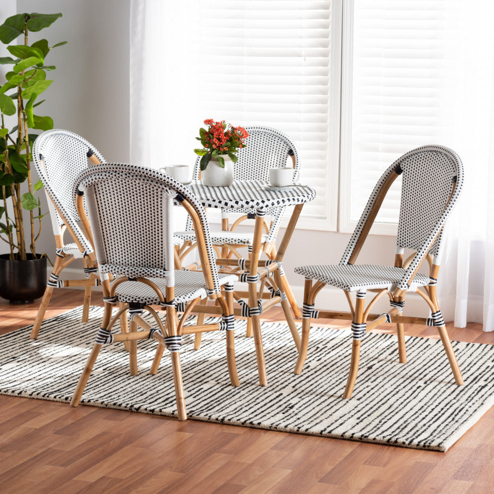 Genica Black and White Waeving and Natural Brown Rattan 5-Piece Dining Chair Set