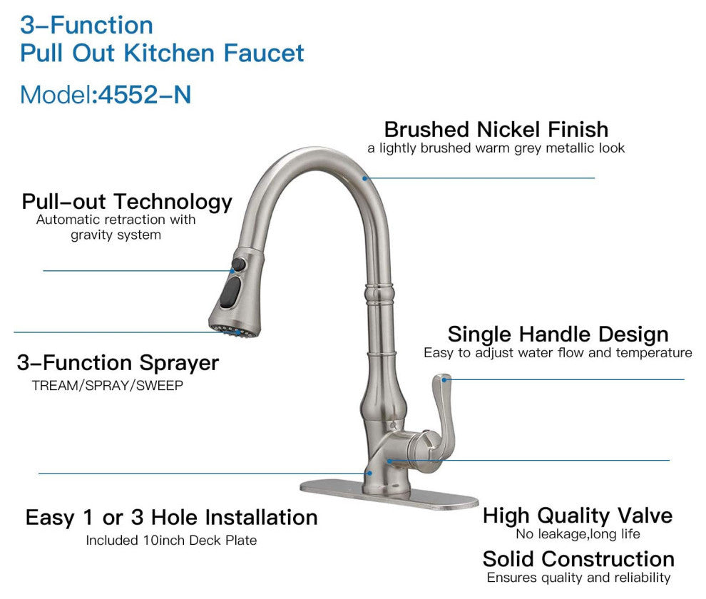 Wellfor Single Level Stainless Steel Kitchen Faucet With Pull Down Spray, Brushed Nickel