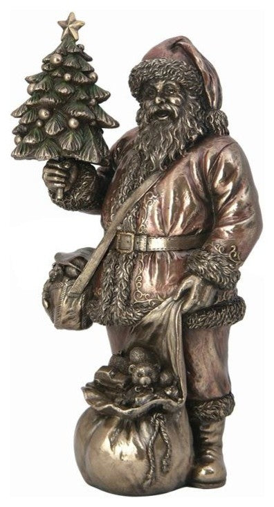 Santa Holding Xmas Tree, Home Accent, Cold Cast Bronze