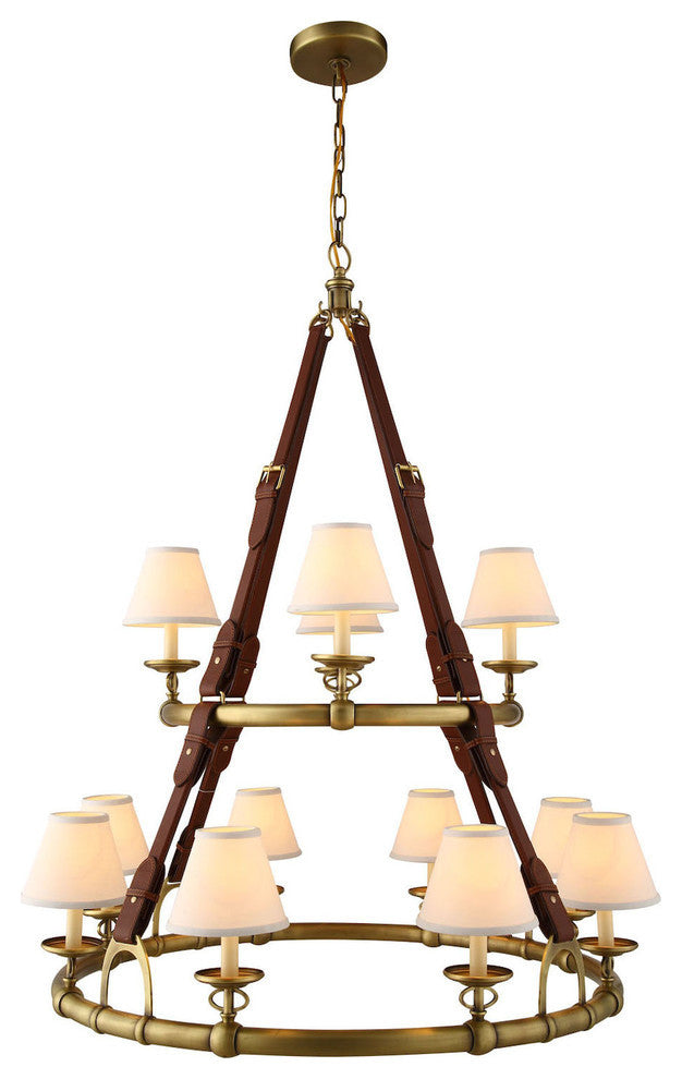 Cascade 12-Light 2-Tier Pendant, Burnished Brass, Beige Fabric Shade