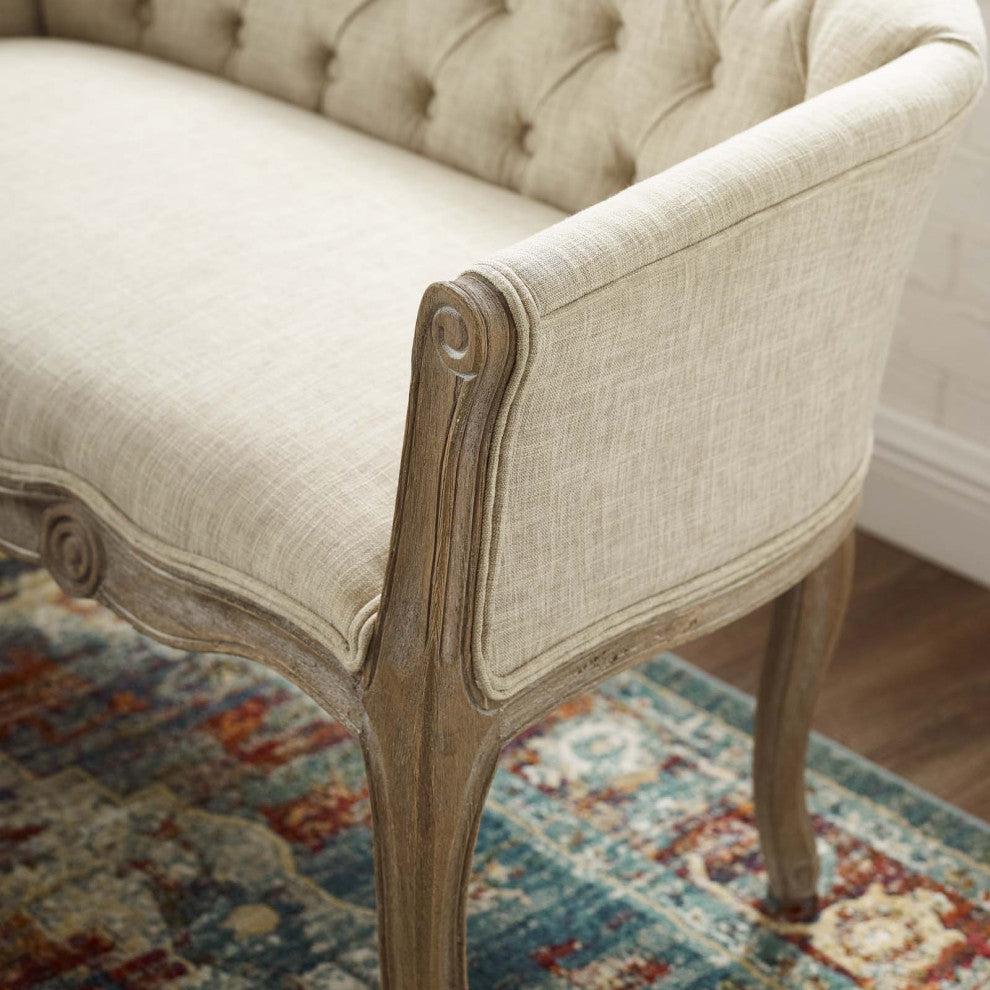 French Vintage Loveseat Sofa, Fabric, Wood, Beige, Modern, Lounge Hospitality