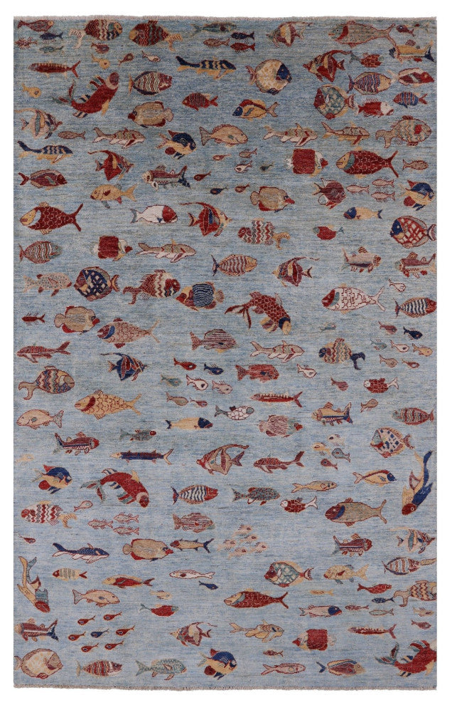 Fish Design Gabbeh Hand Knotted Wool Rug 6' 2" X 9' 7" Q8327