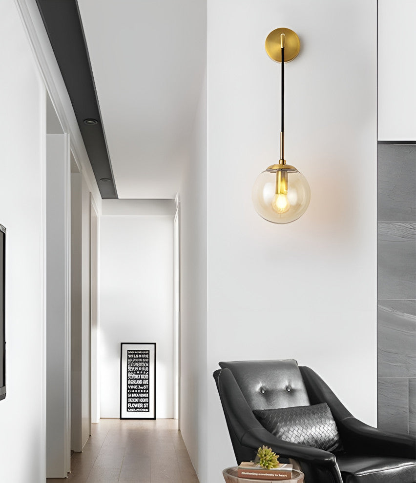 Modern LED Wall Lamp in the Shape of Glass Ball for Dining Room, Golden, Milky Glass, Warm Light